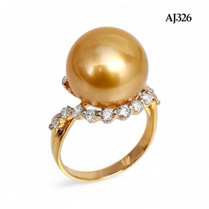 14.5 mm, Gold South Sea Pearl, Solitaire Pearl Half Halo Diamond Ring