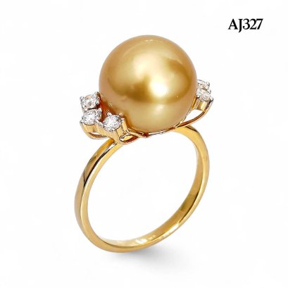 12.8 mm, Gold South Sea Pearl, Solitaire Pearl Three Side Stones Ring