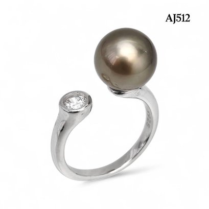 Approx. 9.0 mm, Tahitian Pearl, Pearl & CZ Head Open Ring