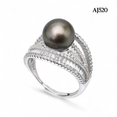 10.0 mm, Tahitian Pearl, Solitaire Pearl Four Stripe CZ Paved Ring