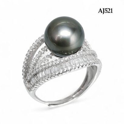 10.7 mm, Tahitian Pearl, Solitaire Pearl Four Stripes CZ Paved Ring