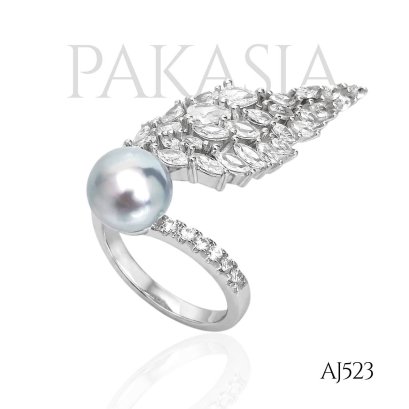 Approx. 8.0 mm, Akoya Blue Rose Pearl, Solitaire Pearl Swan Wing Ring