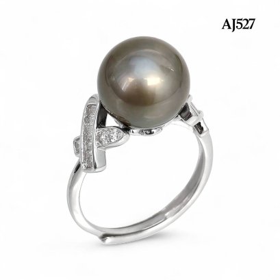 Approx. 9.0 - 10.0 mm, Tahitian Pearl, Solitaire Pearl Shoulder X Cross CZ Paved Ring