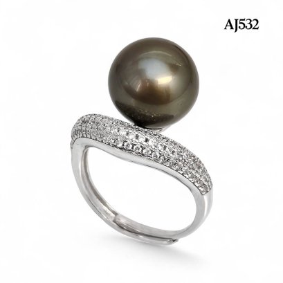 11.65 mm, Tahitian Pearl, Solitaire Pearl Curved Shoulder CZ Paved Ring