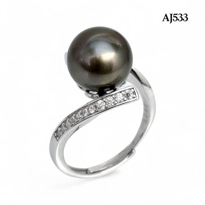 10.6 mm, Tahitian Pearl, Solitaire Pearl Parallel Shoulder CZ Paved Ring