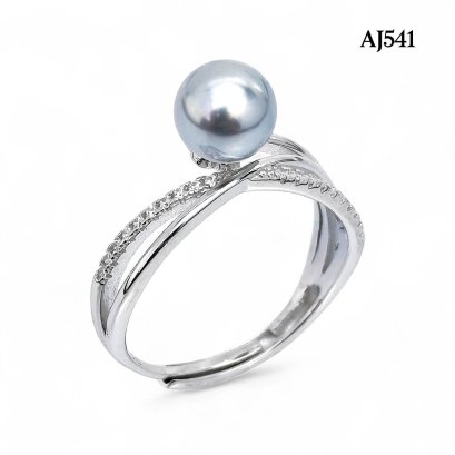 Approx. 7.0 mm, Akoya Blue Rose Pearl, Solitaire Pearl Triple Stripe CZ Paved Ring