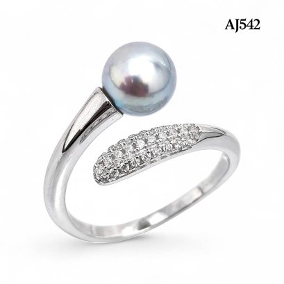 7.4 mm, Akoya Blue Rose Pearl, Solitaire Pearl Snake Tail CZ Paved Ring