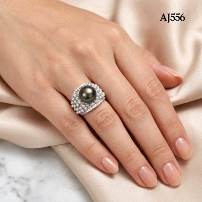 Approx. 2.0 - 2.5 mm and 11.0 -12.0 mm, Freshwater Pearl and Tahitian Pearl, Solitaire Pearl Shoulder Pearls Paved Ring
