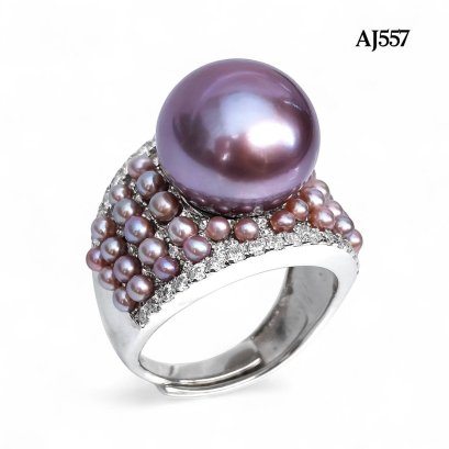 Approx. 2.0 - 2.5 mm and12.0 - 14.0 mm, Freshwater Pearl and Edison Pearl, Solitaire Pearl Shoulder Pearls Paved Ring