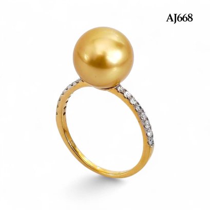 11.0 mm, Gold South Sea Pearl, Solitaire Pearl Shoulder Diamond Paved Ring