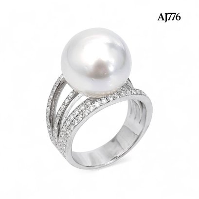 12.8 mm, White South Sea Pearl, Solitaire Pearl Four Stripes Moissanite Paved Ring