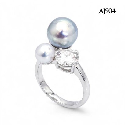 5.7 mm and 8.7 mm, AK Pearl and Akoya Pearl, Duo Pearl & Moissanite Open Ring