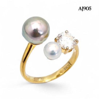 Approx. 5.0 mm and 8.0 mm, AK Pearl and Akoya Pearl, Duo Pearl & Moissanite Open Ring