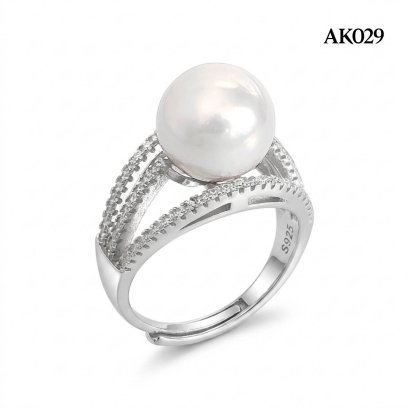 10.8 mm, Edison Pearl, Solitaire Pearl Triple Line CZ Paved Ring