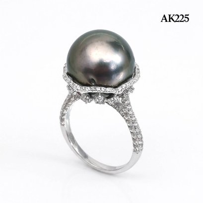 13.8 mm, Jumbo Size, Tahitian Pearl, Stencil Cap White Zircon Paved Solitaire Pearl Ring