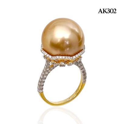 Approx. 15.33 mm, Gold South Sea Pearl, Solitaire Pearl Stencil Cup White Zircon Paved Ring