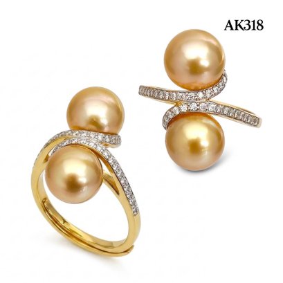 Approx. 8.0 mm, Gold South Sea Pearl, Twin Pearl Moissanite Paved Ring