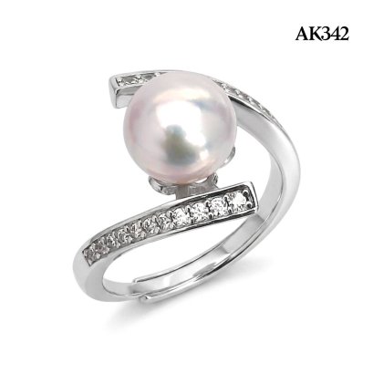 8.9 mm, Hanamomo, Akoya Pearl, Solitaire Pearl Twisted Line CZ Paved Ring
