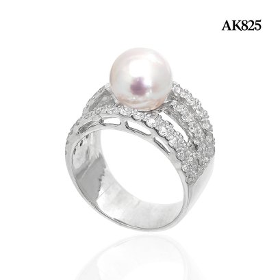 Approx. 8.4 mm, Hanamomo, Akoya Pearl, Five Stripes CZ Paved Solitaire Pearl Ring
