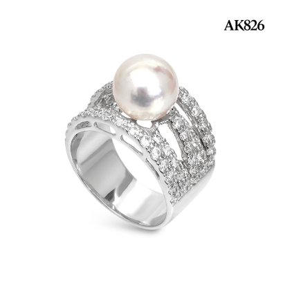 Approx. 8.5 mm, Hanamomo, Akoya Pearl, Five Stripes CZ Paved Solitaire Pearl Ring