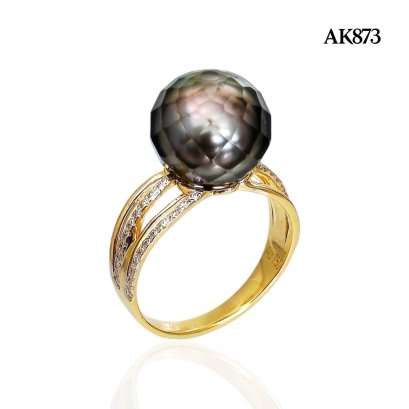 10.4 mm, Hanashinju, Tahitian Pearl, Four Stripes Solitaire Pearl Diamond Ring