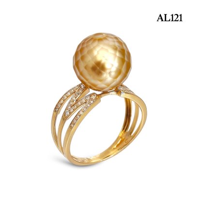 11.9 mm, Hanashinju, Gold South Sea Pearl, Solitaire Pearl M Shoulder Diamond Paved Ring