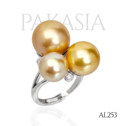 Approx. 10.0 - 13.0 mm, Gold South Sea Pearl, Trio Pearl  Moissanite Ring