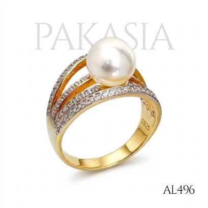 Approx. 7.0 mm, Moonlight, Akoya Pearl, Four Stripes CZ Paved Solitaire Pearl Ring