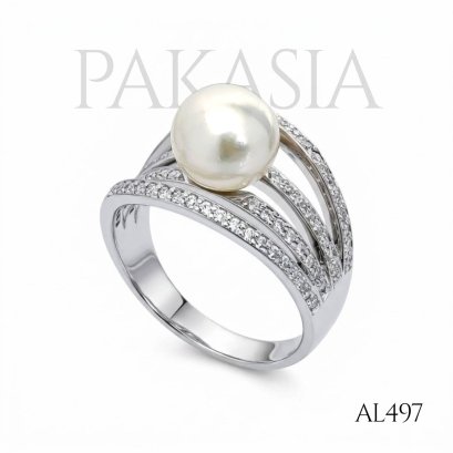 Approx. 7.0 mm, Moonlight, Akoya Pearl, Four Stripes CZ Paved Solitaire Pearl Ring