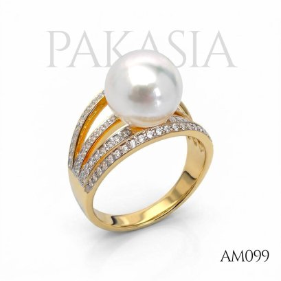 Approx. 9.6 mm up, Sumo, Akoya Pearl, Solitaire Pearl Four Stripes CZ Ring