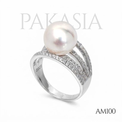 Approx. 9.5 mm up, Sumo, Akoya Pearl, Solitaire Pearl Four Stripes CZ Ring