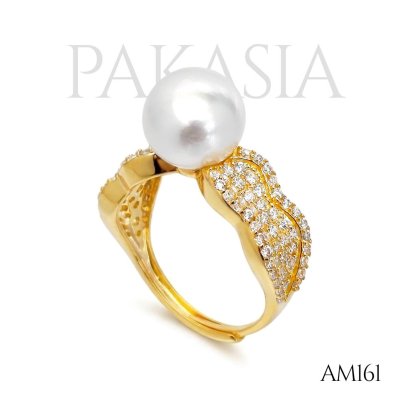 Approx. 9.0 mm, White South Sea Pearl, Solitaire Pearl, Shoulder CZ Paved, Ring