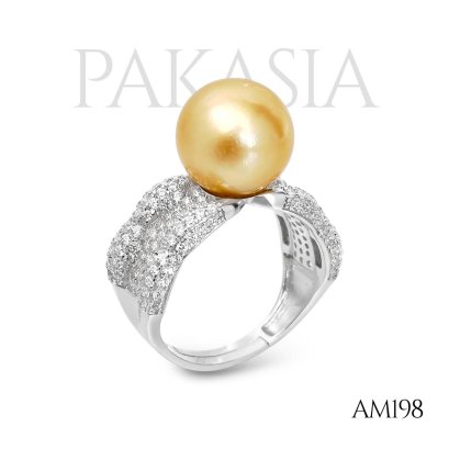 Approx. 10.0 mm, Gold South Sea Pearl, Solitaire Pearl Ring, Broad Shoulder CZ Paved, Ring