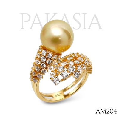 Approx. 10.0 - 11.0 mm, Gold South Sea Pearl, Solitaire Pearl, Shoulder CZ Paved, Open Ring