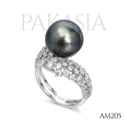 Approx. 12.0 - 13.0 mm, Tahitian Pearl, Solitaire Pearl, CZ Paved, Open Ring