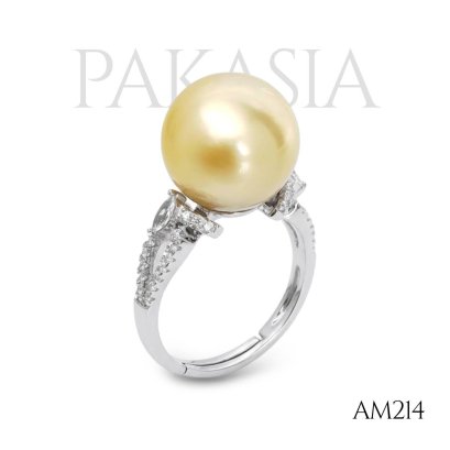 Approx. 11.0 -12.0 mm, Gold South Sea Pearl, Solitaire Pearl, Shoulder Bow CZ Paved, Ring