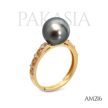 Approx. 9.0 mm, Tahitian Pearl, Solitaire Pearl, Shoulder CZ, Ring