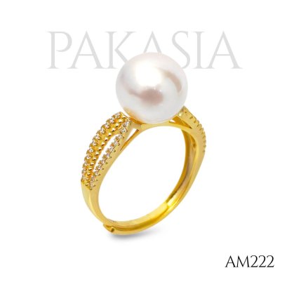 Approx. 10.0 mm, White South Sea Pearl, Solitaire Pearl, Three Stripes CZ, Ring
