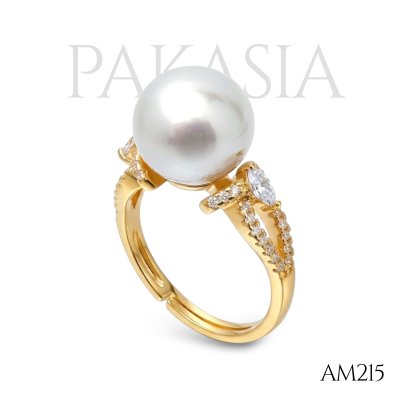Approx. 11.0 - 12.0 mm, White South Sea Pearl, Solitaire Pearl, Shoulder Bow CZ Paved, Ring
