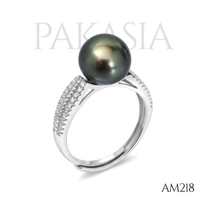 Approx. 9.0 mm up, Tahitian Pearl, Solitaire Pearl, Three Stripes Shoulder CZ Paved, Ring