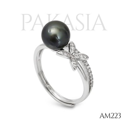 Approx. 7.0 mm, Tahitian Pearl, Solitaire Pearl, Flower CZ, Ring
