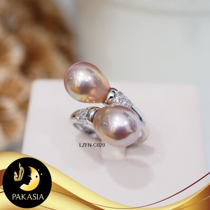 แหวน Open Ringl มุกหัวมุกทวิน มุกน้ำจืดคัดเกรด สีโอลด์โรส ทรงบาร็อค ขนาด 10-11 mm เกรด AA+ ตัวเรือนเงินแท้ 92.5 ชุบทองคำขาว ประดับพลอยแท้ White Topaz / C029