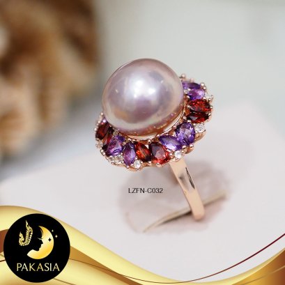 แหวน Cocktail มุกน้ำจืดคัดเกรด ปรับไซส์ได้ มุกน้ำจืดคัดเกรด สีม่วงโอลด์โรส ทรงบาร็อค ขนาด 12 mm เกรด AA+ ตัวเรือนเงินแท้ 92.5 ชุบ Pink Gold ประดับพลอยแท้  / C032