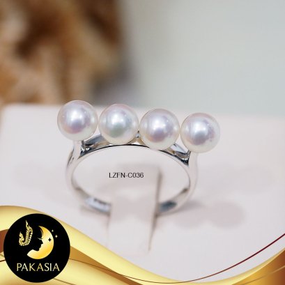 แหวนมุกไข่ปลาปรับไซส์ได้ มุกน้ำจืดคัดเกรด สีขาว 4 เม็ด ทรงกลม ขนาด 5 mm เกรด AA+ ตัวเรือนเงินแท้ 92.5 ชุบทองคำขาว / C036