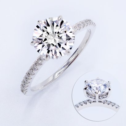 (IGI) 2.04 ct, Laboratory Grown Diamond (Round Brilliant, CVD, 2.04 ct, F, VSS 2), Lab Grown Diamond (0.252ct.), Six Prongs Diamond Band Diamond Paved Ring