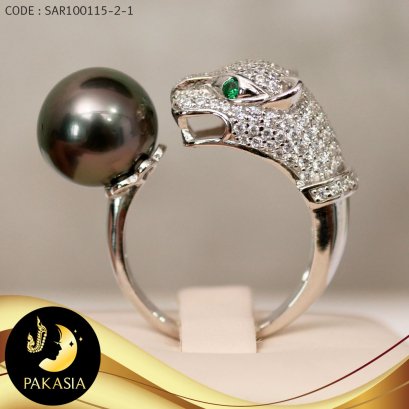 แหวนหัวเสือ มุกตาฮิติ เม็ดเดี่ยว ตัวเรือนเงินแท้ชุบทองคำขาวประดับเพชร / R707