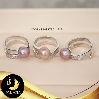 แหวนเกลียวประดับเพชรมุกเม็ดเดี่ยว มุกน้ำจืด Edison คัดเกรด สีม่วง ทรงกลม ขนาด 6 mm เกรด AA+ ตัวเรือนเงินแท้ 92.5 ชุบทองคำขาว ประดับเพชร CZ / R816