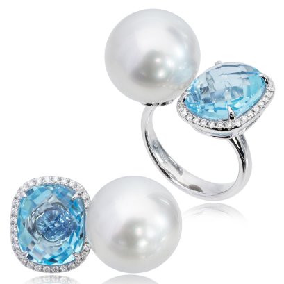 (GIA) 14.20 mm  South Sea Pearl Diamond and Blue Sapphire Open Ring