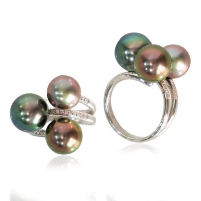 9.75 mm, 10.58 mm and 11.18 mm, Tahitian Pearl, Triple Pearl Diamond Ring