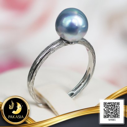 แหวนไข่มุกเม็ดเดี่ยว ลายไม้ ไข่มุก Akoya สายพันธุ์น้ำเค็มคัดเกรด สี Blue Rose ทรงบารอก ขนาด 8.0 mm เกรด AA+ ตัวเรือนแหวนลายไม้ เงินแท้ 925 ชุบสีทอง / 9.1.65